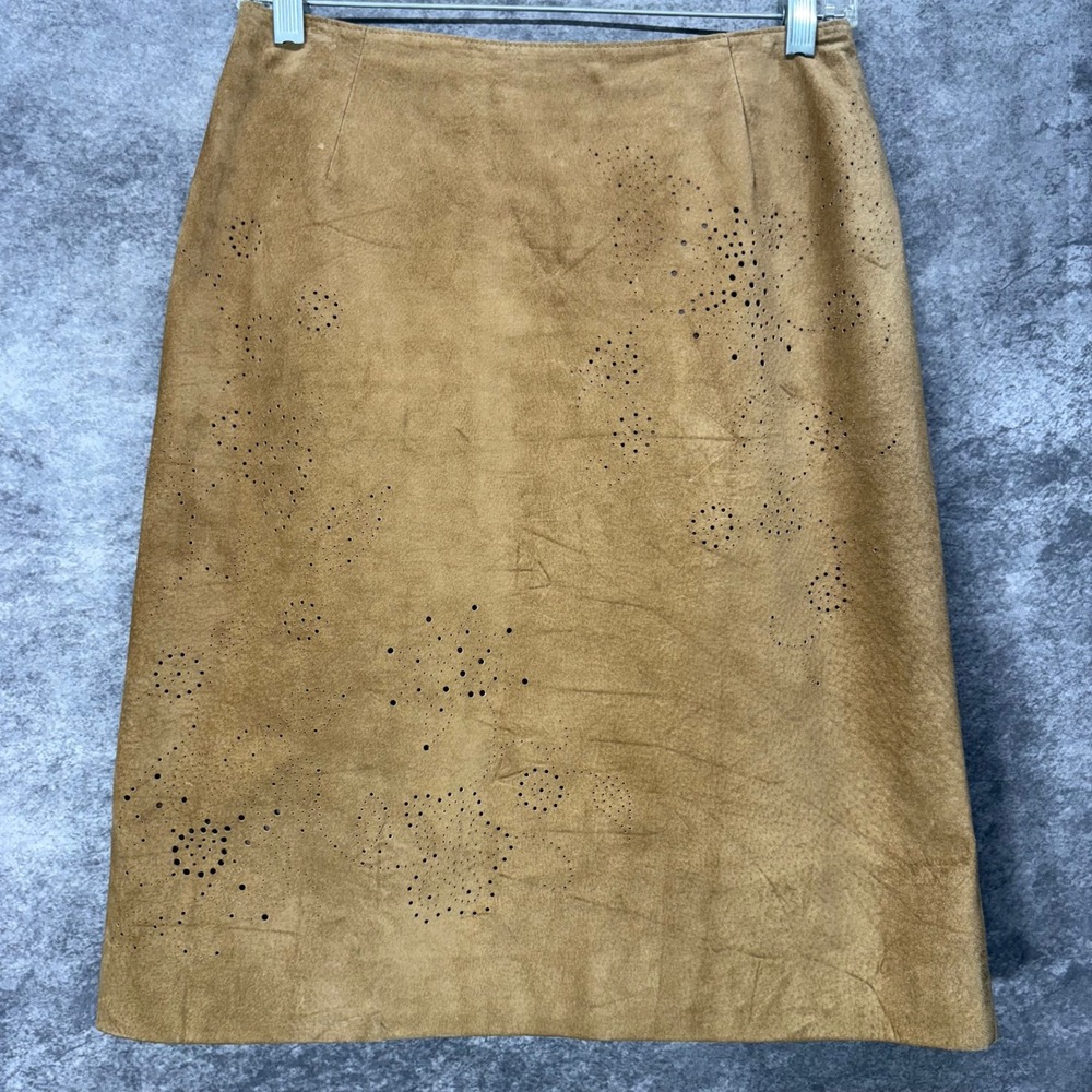 Vintage Ann Taylor Suede Leather Skirt Brown Perforated Floral Festival Western